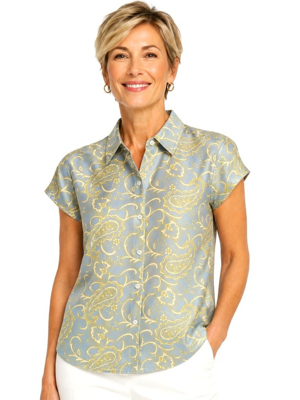 Liz Claiborne Petite Blue Green Paisley Silk Cap Sleeve Blouse